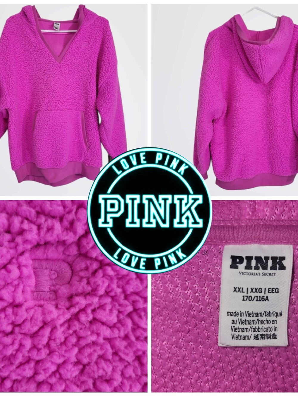 Victoria's Secret PINK sherpa hoodie HOT PINK XXL